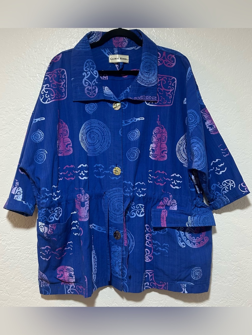 Vintage Global Kiwis Blue Printed Expedition Adjustable Waist Jacket w/Pockets!